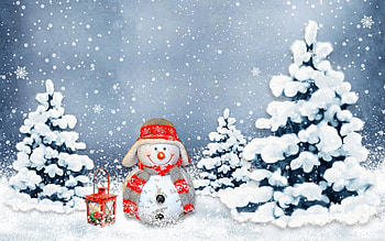 Happy Snowman, spruces, snowman, winter, snow, lantern HD wallpaper