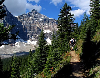 Hiking The Canadian Rockies, trees, hiking, sky, mountain HD wallpaper