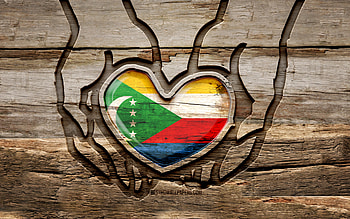 I love Comoros, , wooden carving hands, Day of Comoros, Djibouti flag, Flag of Comoros, Take care Comoros, creative, Comoros flag in hand, wood carving, african countries, Comoros HD wallpaper