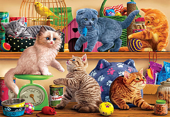 Pet Shop Kittens, cats, balls, cage, bird, painting HD wallpaper