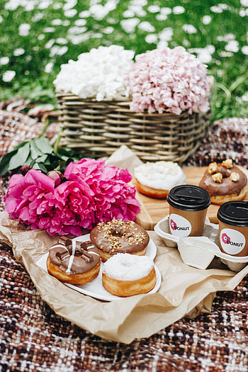Flowers, Food, Coffee, Donut, Doughnut, Pion, Peony, Picnic HD phone wallpaper