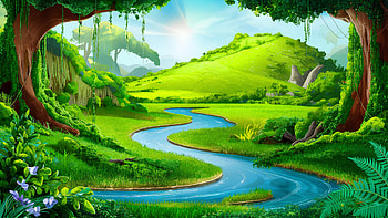 a vibrant green valley with rolling hills and a meandering river, green, valley, hill, river HD wallpaper