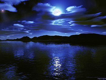 Moonlight on the bay, night, blue, hills, moon, clouds, reflections HD wallpaper