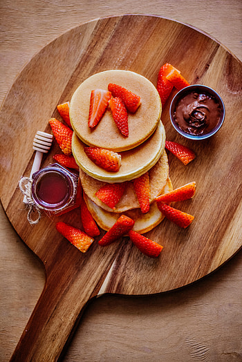 Fruits, Food, Strawberry, Chocolate, Pancakes, Board, Bakery Products, Baking HD phone wallpaper