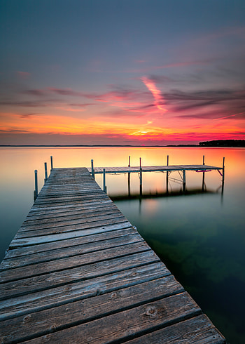 Wooden pier, calm lake, sunset HD phone wallpaper