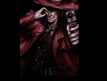 Alucard, red eyes, black hair, vampire, dark, darkness, anime, hellsing, dark hair, glasses, gun HD wallpaper