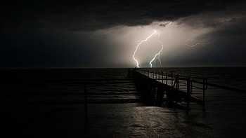 Landscape, Sea, Lightning HD wallpaper