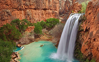 pouring water, waterfall, water, lake, mountain HD wallpaper