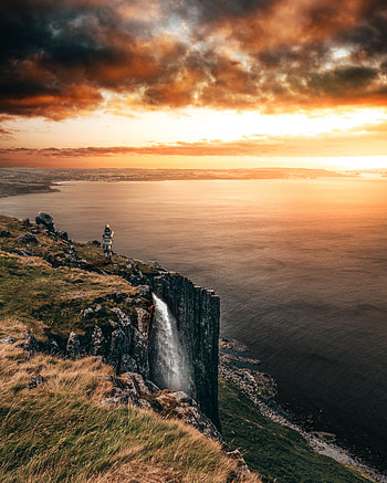 Landscape, Nature, Sunset, Sea, Waterfall, Cliff HD phone wallpaper