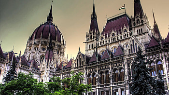parliament building in budapest hungary, trees, building, government, towers HD wallpaper