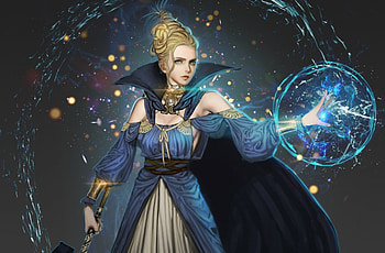 Sorceress, blue, youngmin suh, art, girl, woman, fantasy, magical, game, luminos HD wallpaper