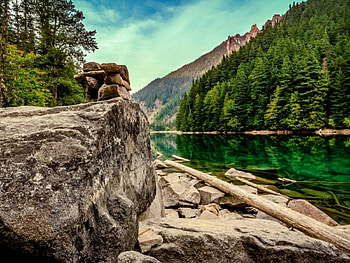 Lindeman Lake,Canada, wood, reflection, nature, canada, forest, lake, park, mountain HD wallpaper