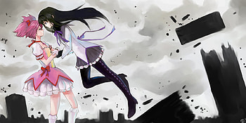 girls, pink, black, anime, fly, dress, hair HD wallpaper