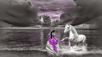 Girl and Horse in Lake, horse, art, girl, beautiful, serene, lake, woman, purple, digital, fantasy, pretty, gown HD wallpaper