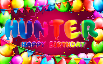 Happy Birtay Hunter, , colorful balloon frame, Hunter name, purple background, Hunter Happy Birtay, Hunter Birtay, popular american female names, Birtay concept, Hunter HD wallpaper