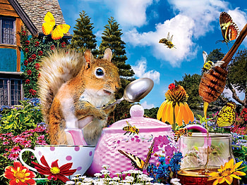 More Honey, Please, squirrel, butterflies, bees, table, painting, house, flowers HD wallpaper