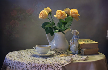 Roses Still Life, books, still life, roses, yellow HD wallpaper
