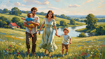 Happy Family — Sunlit Meadow, Happy Family, Family, Child, Meadow, River HD wallpaper