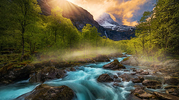 River at Romsdalen Valley, Norway, color, clouds, sky, rocks, mountains, stream, sunset HD wallpaper