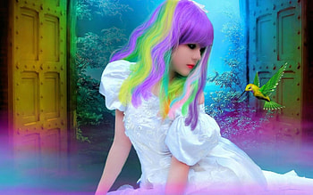 over the rainbow, blue, bird, rainbow, haircolor HD wallpaper