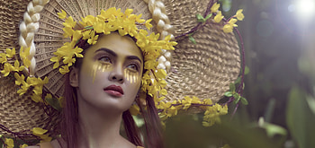 Beauty, makeup, model, girl, woman, flower, yellow, farrah jane, face, hat HD wallpaper