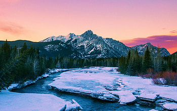 Sunset in Kananaskis, Alberta, river, snow, landscape, trees, colors, sky, canada, mountains HD wallpaper