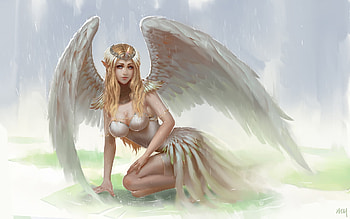Angel, wings, frumusete, art, rain, girl, feather, fantasy, luminos, h ch HD wallpaper