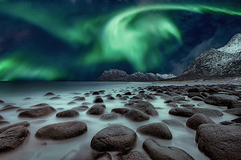 Aurora Borealis, fog, nature, rocks HD wallpaper