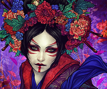 Asiatique, colorful, asian, girl, vinegar, vinegaria, purple, fantasy, red, face, luminos HD wallpaper