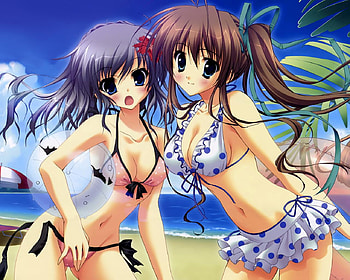 Anime on the Beach, palms, ozean, sand, anime, ball, bikini, beach HD wallpaper