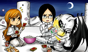 Behind The Scenes, ulquiorra, orihime, arrancer, cute, popcorn, ishida, shinigami, bleach, garganta, chibi, anime, moon, game, quincy HD wallpaper
