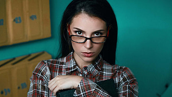Girl Model Is Standing In Turquoise Green Color Wall Background Wearing Red Black Checked Shirt And Specs Girls HD wallpaper