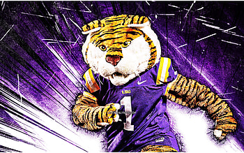 Mike the Tiger, grunge art, mascot, LSU Tigers, NCAA, violet abstract rays, LSU Tigers mascot, NCAA mascots, official mascot, Mike the Tiger mascot HD wallpaper