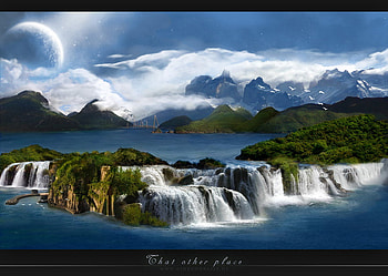 That Other Place, waterfall, moon, lake, mountain HD wallpaper