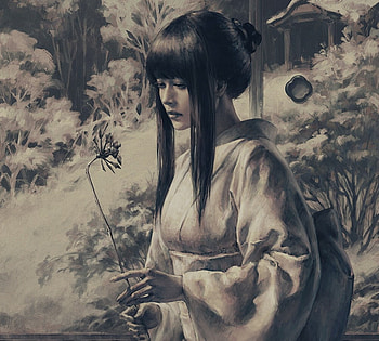 Girl, asian, art, fantasy, bw, kimono, frumusete, gorgeous, superb, zhongweidong HD wallpaper