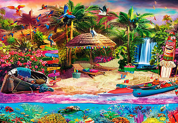 Tropical Island Holiday, beach, boat, umbrella, palms, digital, parrots, waterfall HD wallpaper