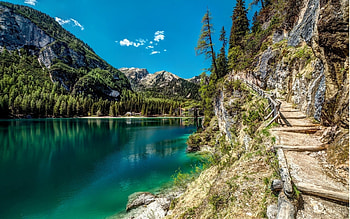 Riverside, sky, stairs, mountains, water HD wallpaper