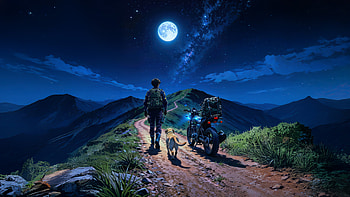 Biker Boy With Dog On Mountains Walking, bike, dog, moon, sky, star, stars, clouds, cloud, mountains, mountain, track, artist, artwork, art, digital-art, ai HD wallpaper