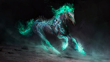 Death, thedurrrrian, horse, black, art, spirit, fantasy, green, luminos, creature, fire HD wallpaper