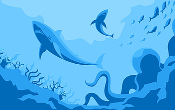 abstract underwater world, , sharks, fish, octopus, coral reef, creative, nature minimalism, abstract nature HD wallpaper