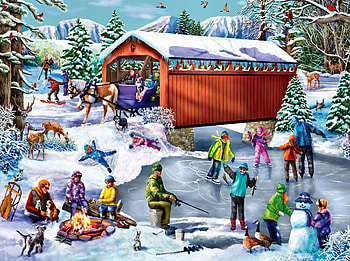 Winter Frolic 1, little girl, winter, covered, children, art, landscape, beautiful, four seasons, illustration, artwork, scenery, wide screen, painting, snow, bridge, pond HD wallpaper