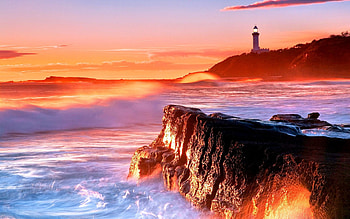 COASTAL LIGHTHOUSE AT SUNSET, rays, sea, lighthouse, paradise, rocks, beach, clouds, nature, sky, splendor, sun, evening, sunset HD wallpaper