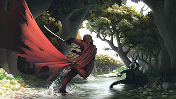 Rild and the death God, god, river, abstract, fantasy, trrild, , fight, forest HD wallpaper