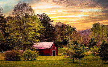 The Red Barn at Sunset, colors, clouds, landscape, sky, trees HD wallpaper