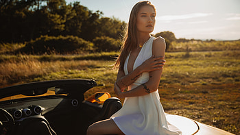 White Dress Girl Sitting On Convertible Car In Nature, white-dress, girls, model HD wallpaper