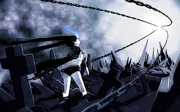 black rock shooter, ciel, weapon, blck hair, blac, blush, blue eye, long hair HD wallpaper