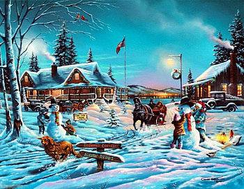 Winter Bliss, artwork, snowman, horse, sleigh, painting, snow, houses, people HD wallpaper