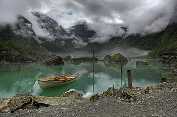 A view of Lake Bondhus and Bondhus glacier in Norway, Folgefonna National Park, lake, vehicle, boat HD wallpaper