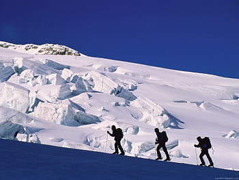 Step by Step to the Peak, blue, north face, mountain climbing, people, glacier, snow, nature, sky, mountains, ice HD wallpaper