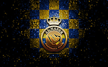 Al-Nassr FC, glitter logo, Saudi Professional League, blue yellow checkered background, soccer, saudi football club, Al-Nassr FC logo, mosaic art, football, Al-Nassr HD wallpaper